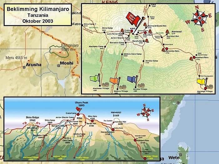Route trekking Kilimanjaro - Dag 1 : Marangu (1420m) - Mandara hutten (2720m)<br />
- Dag 2 : Mandara hutten (2720m) - Horombo hutten (3720)<br />
- Dag 3 : Horombo hutten (3720) - Zebra Rock<br />
- Dag 4 : Horombo hutten (3720) - Kibo hutten (4703m)<br />
- Dag 5 : Kibo hutten (4703m) - Uhuru Peak (5895m) - Kibo hutten (4703m) - Horombo hutten (3720)<br />
- Dag 6 : Horombo hutten (3720) - Mandara hutten (2720m) - Marangu (1420m) Stefan Cruysberghs